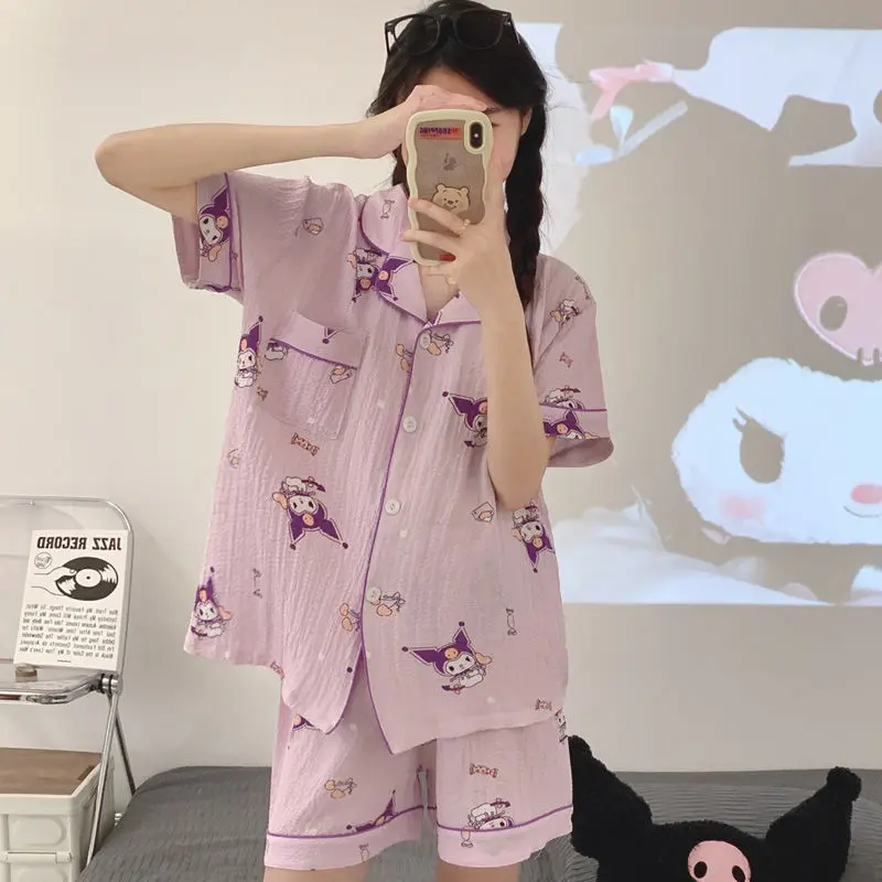 

Summer Pajamas Kuromi Kawaii Anime Purple Short-Sleeved Pants Cardigan Cute Sweet Home Service Student Dormitory Suit Girl Gift