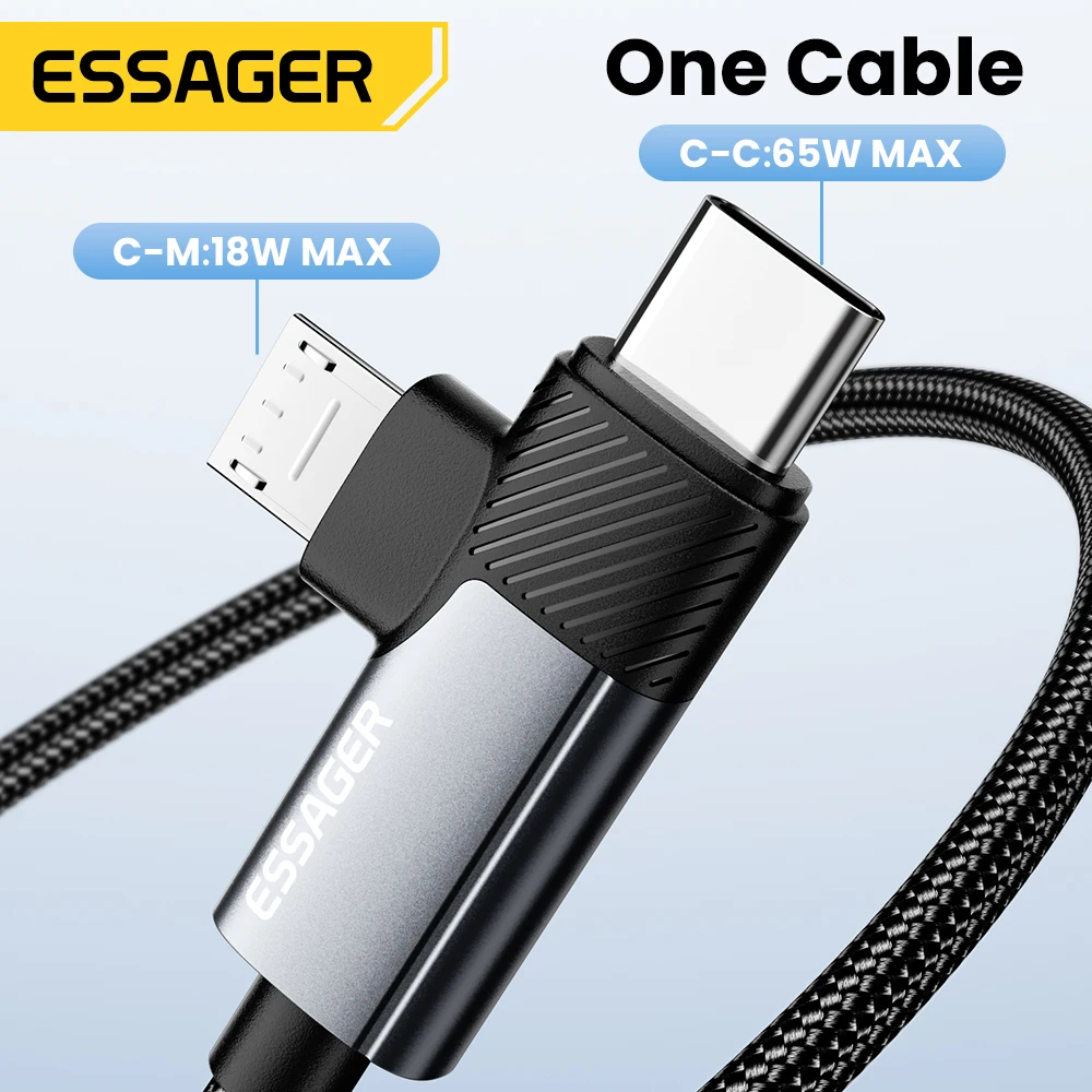 Фото Essager 2 в 1 USB C-кабель 65 Вт PD для быстрой зарядки типа C/USB A к микрокабелю для iPhone Samsung Xiaomi Huawei Redmi iPad Macbook №4