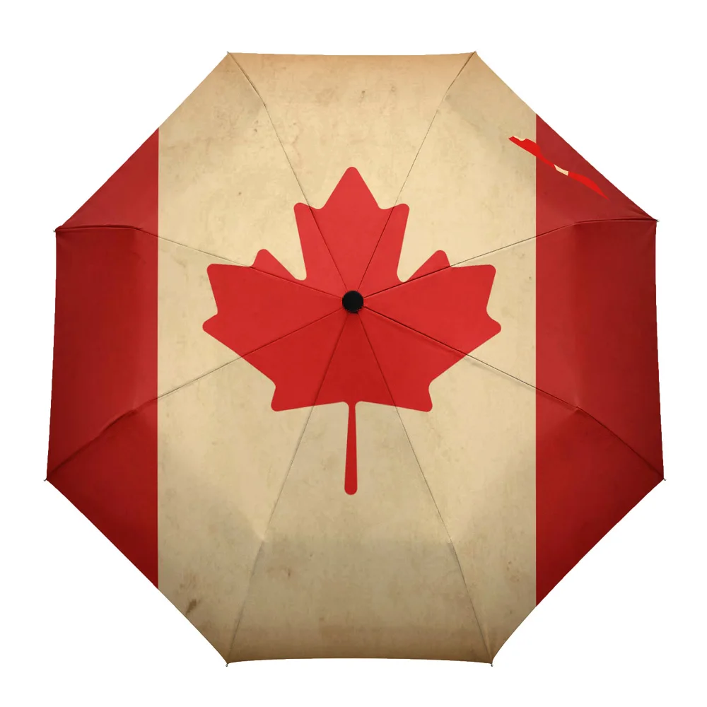 العلم الكندي الملمس خمر التلقائي بالكامل مظلة المطر طوي مظلة واقية من الشمس للنساء الذكور ثمانية فروع مظلة
