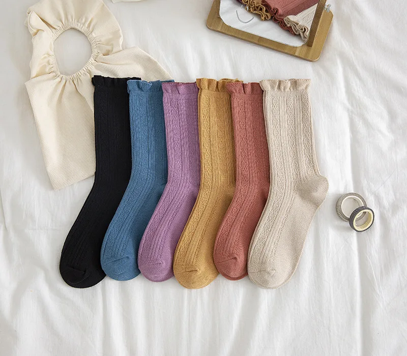 Однотонные женские хлопковые термоноски с рюшами и свободные длинные носки в