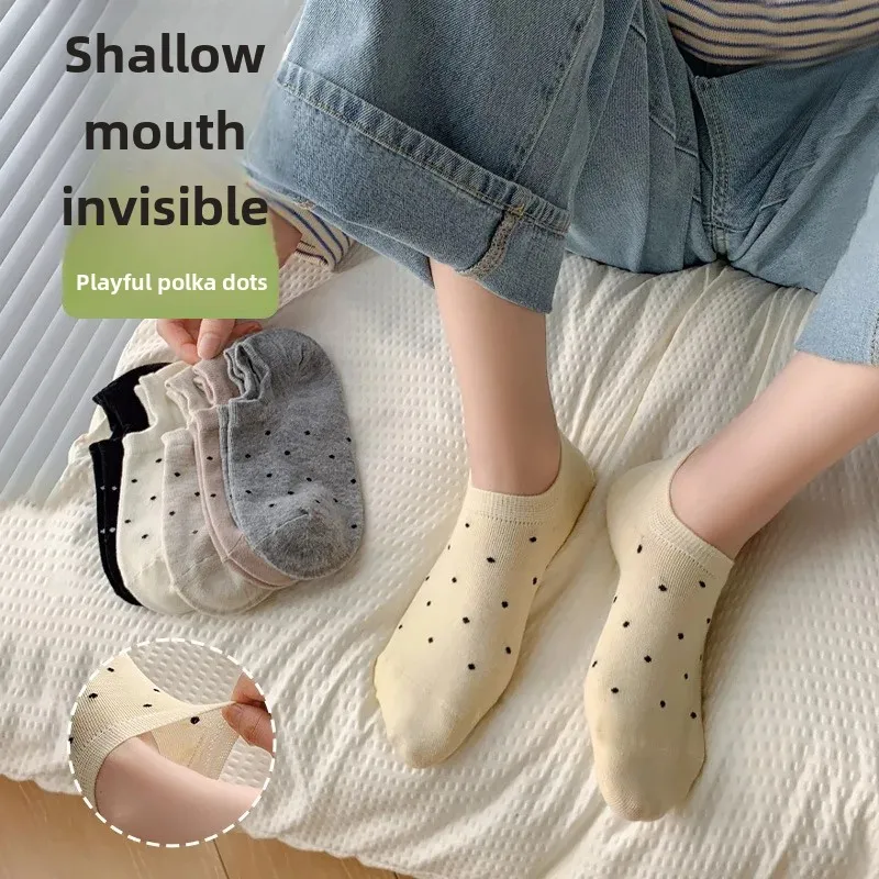 Women's Invisible Boat Socks Pure Cotton Summer Thin Style Cute Polka Dot Design Anti-Slip Anti-Odor Breathable Short