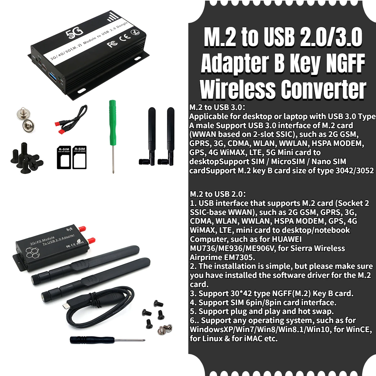 Adaptador de antena M.2 a USB 3,0, convertidor de tarjeta inalámbrica NGFF con ranura para tarjeta SIM para SIM Micro SIM NANO SIM 3G 4G 5G