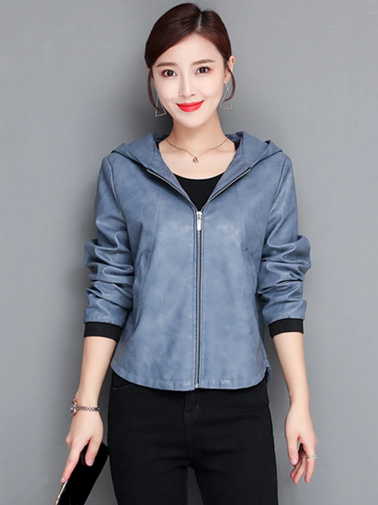 New Women Loose Leather Jacket Spring Autumn Fashion Casual Hooded Zipper Split Leather Outerwear Short Sheepskin Tops Coat