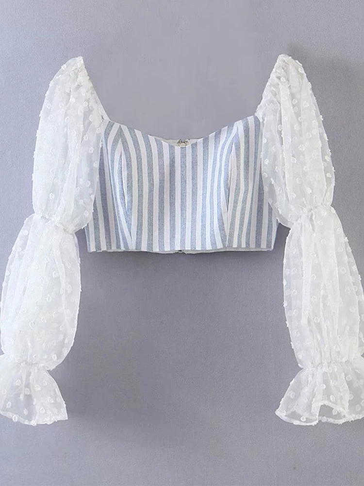 

YENKYE 2022 Fashion Women Long Sleeve Patchwork Striped Crop Blouse Sweet Ladies Holiday Summer Tops