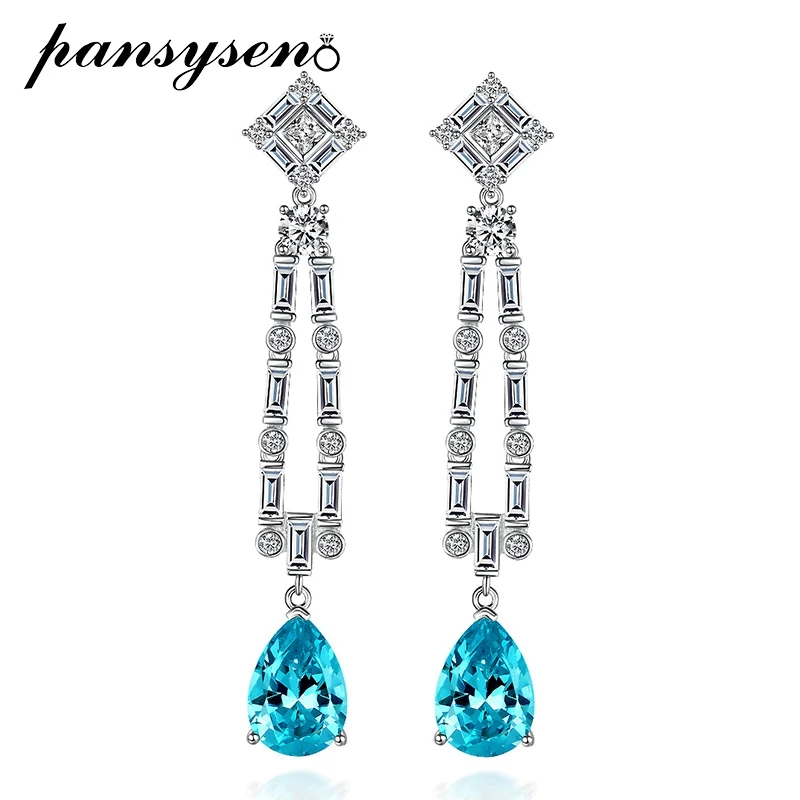 

PANSYSEN 100% 925 Sterling Silver 5ct Pear Cut Aquamarine Simulated Moissanite Diamond Dangle Drop Earrings Cocktail Party Gift