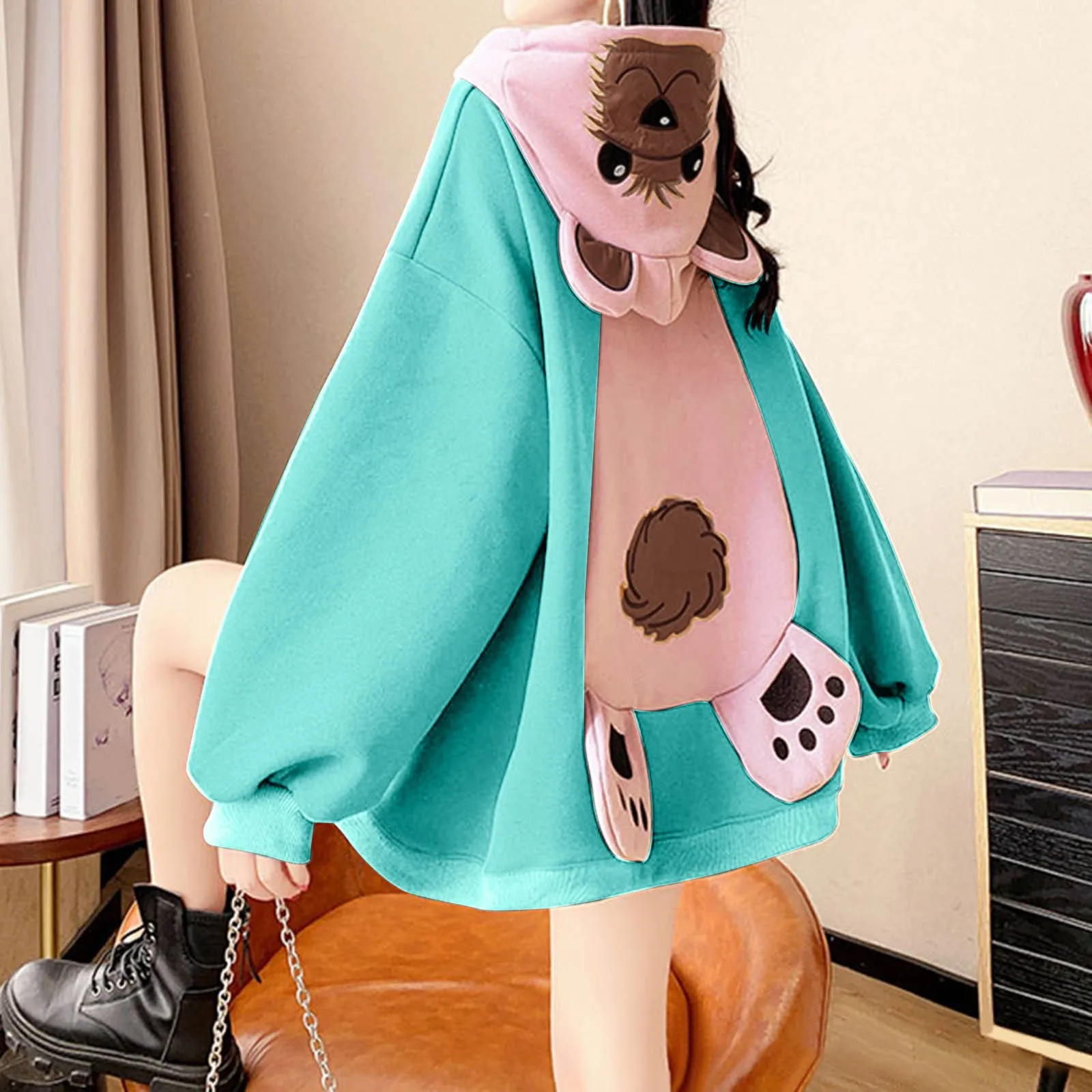 

Womens Bear Print Panel Loose Long Sleeve Top Hoodie Comfy Pullover Women