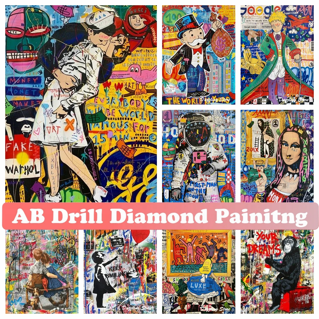

Mona Lisa Graffiti Art 5D AB Diamond Embroidery Mosaic Pictures Painting DIY Rhinestone Cross Stitch Handicraft Home Decor