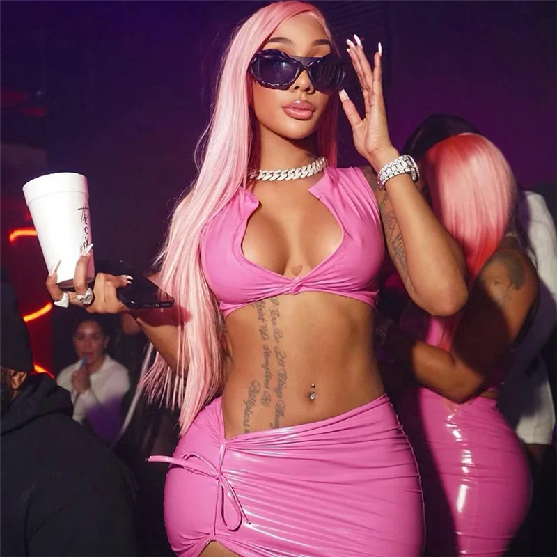 

2023 Spring New Women's Sexy Bright Face Faux Leather Tight Tank Top High Waist Wrap Hip Short Skirt Two Piece Set for Women