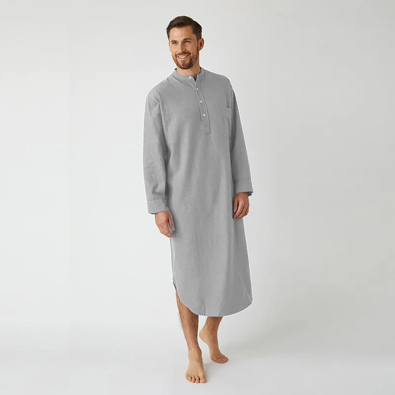 Muslim Men's Long Sleeve Button Solid Color Shirt Men's Robe Arabic Dress Men Saudi Arabia Breathable Robes Muslim Men Clothing