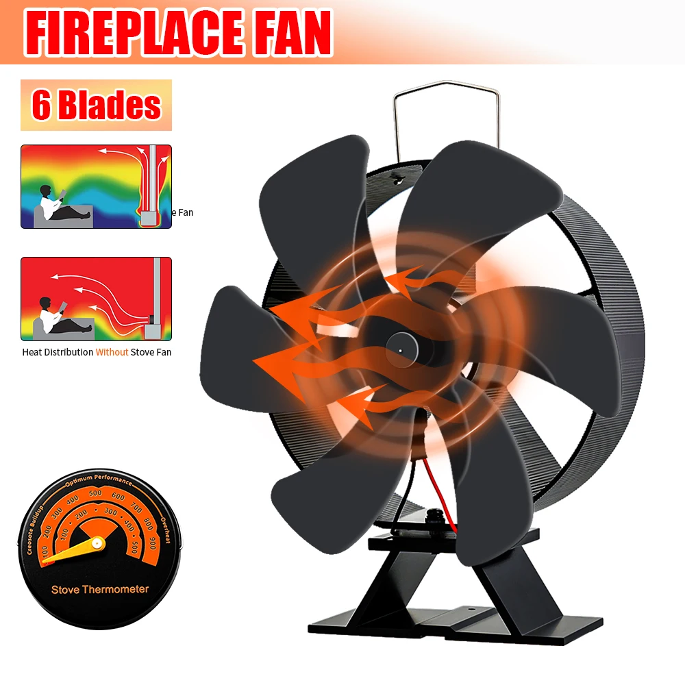 

Black 6 Blades Heater fan Fireplace Log Wood Burner Eco Friendly Quiet Fan Household Hot Air Circulation Fireplace Fan