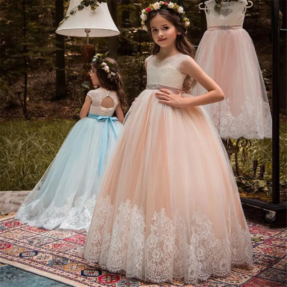 

2022 Classic Tulle Flower Girl Dress Lace Appliques Long Sleeve For Wedding Birthday Ball Gown First Holy Communion Dresses