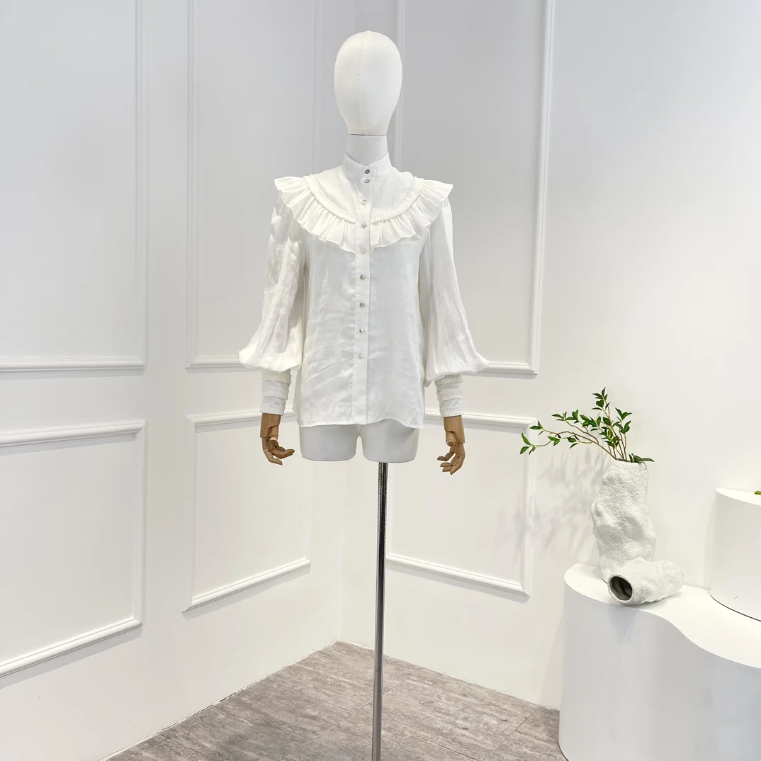 

2023 Top Quality Elegant White Removable Bow Neck Tie Shell Buttons Lantern Sleeves Pleat Trim Lennie Ruffle Women Blouse
