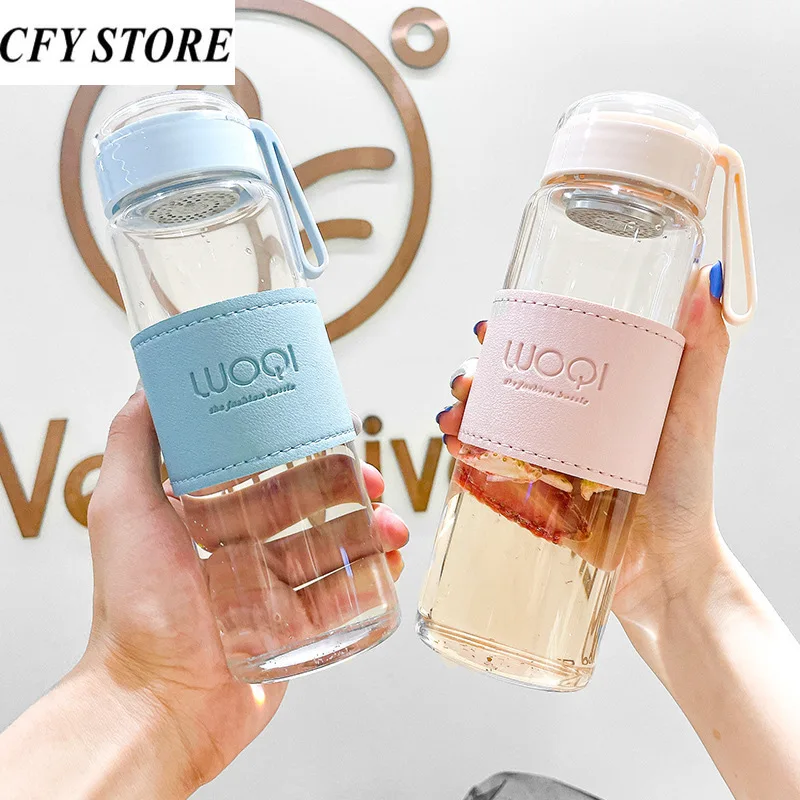 

480ml Protable Glass Water Bottle with Rope Student Lovers Outdoor Potable Anti-scald Tea Infuser Bottle Glasses Drinking Bottle