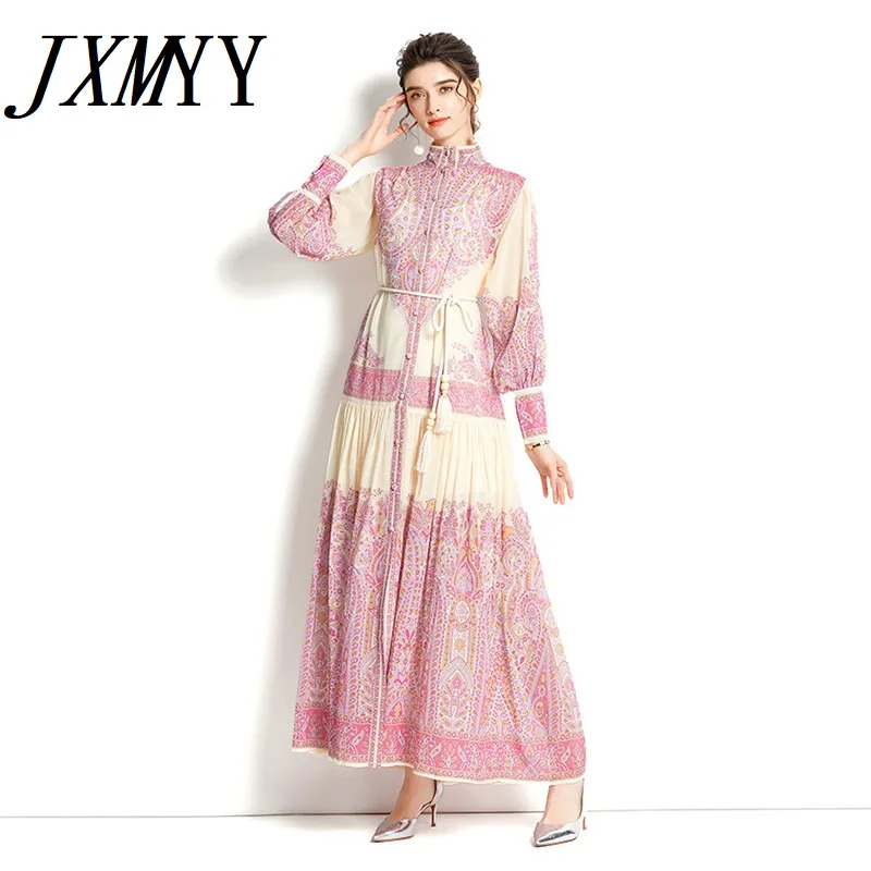 

JXMYY 2022 Spring And Autumn Fashion New Products Elegant Temperament Stand Collar Lantern Sleeve Printed Long Dress Women