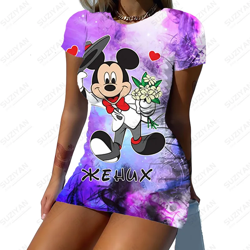 

Летнее короткое сексуальное платье с коротким рукавом и принтом Диснея, облегающее повседневное базовое платье бохо, платья, повседневные ...