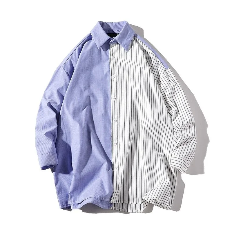 

Mens Shirt Long Sleeve Pure Color Stripe Joining Together Loose Couple Small Fresh Leisure Streetwear Fashion Surprise Price New