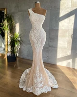 one shoulder lace mermaid wedding dress flower beading sleeveless floor length trumpet bridal gown summer robe mariage vestidos