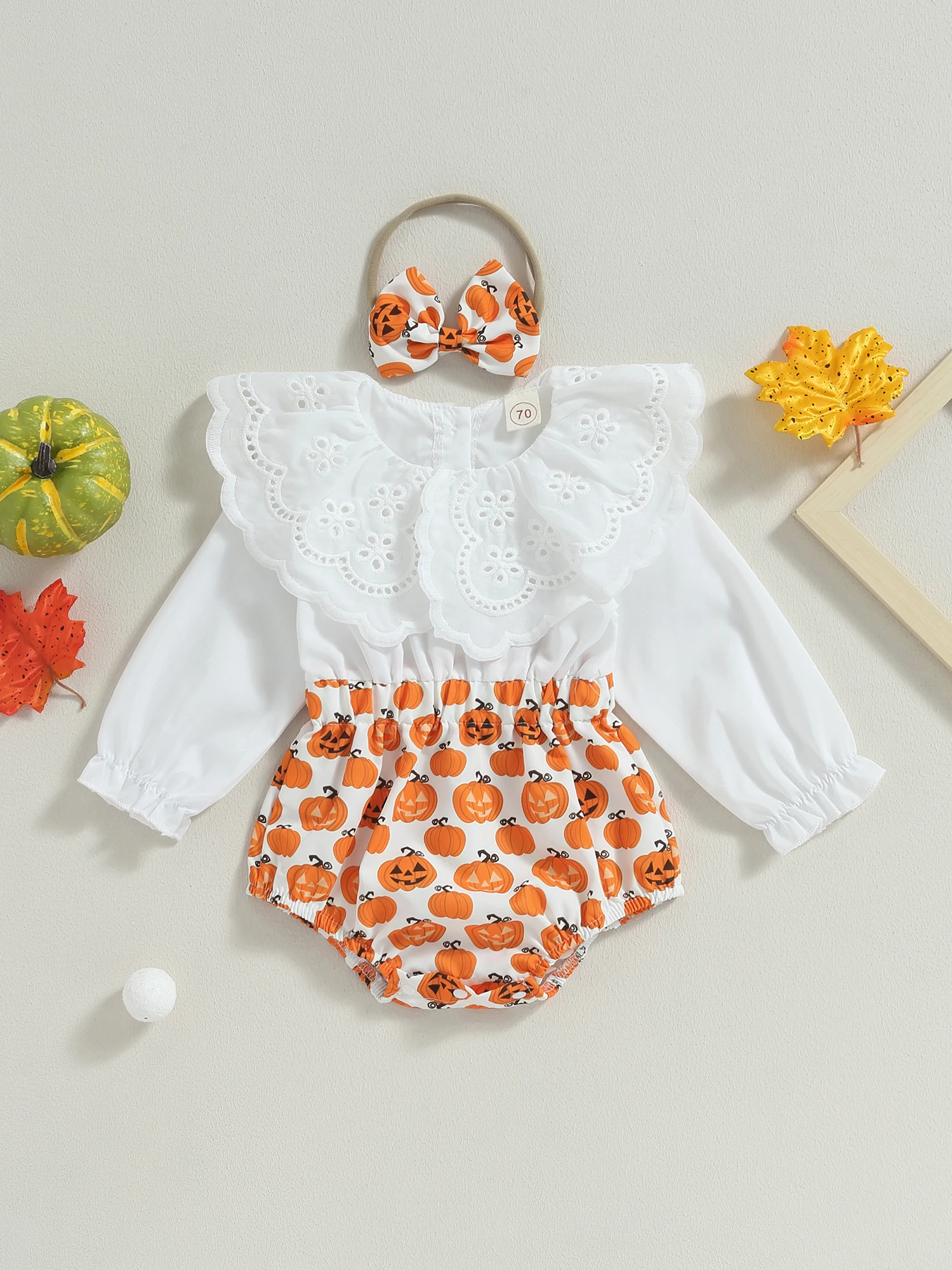 

Baby Girl Halloween Costume Adorable Pumpkin Patchwork Romper with Doll Collar and Hairband Long Sleeve Infant Outfit