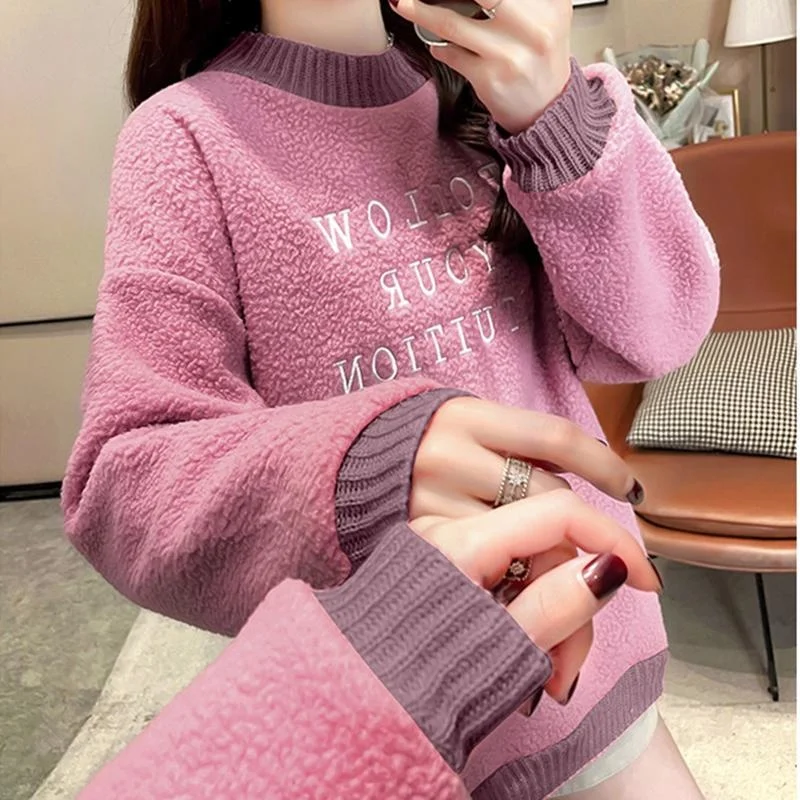 Letter Embroidery Fleece Pullover Sweatshirt Woman Long Sleeve Loose Tops Female Winter Warm Ladies Korean Clothes Women's