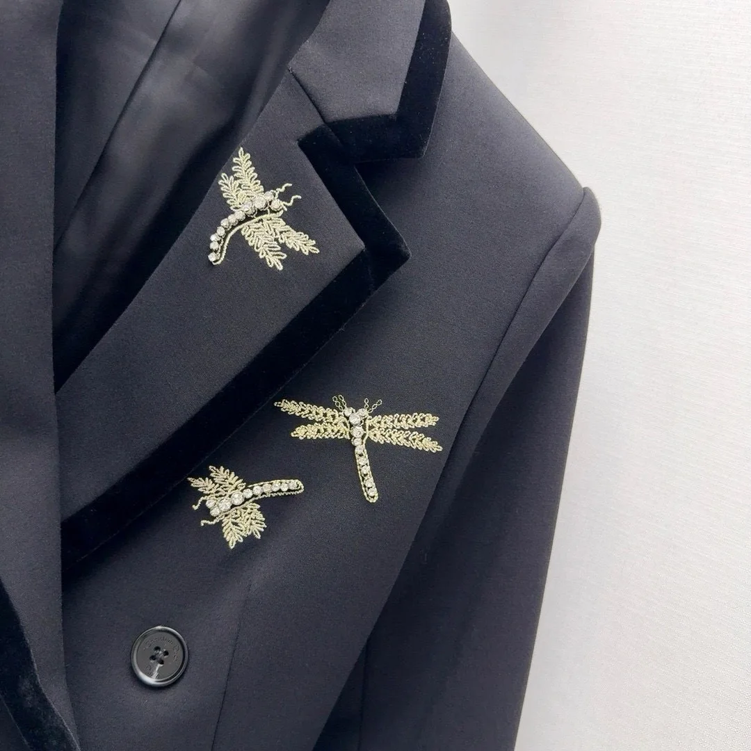 Женский новый роскошный однотонный черный блейзер с вышивкой двубортный пиджак