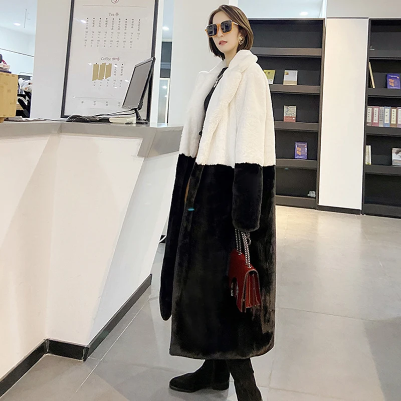 X-Long Winter Fur Coat Women Warm Parkas Jacket Fashion Stitching Color Loose Thick Faux Fur Coat Women Oversized Jacket 5XL