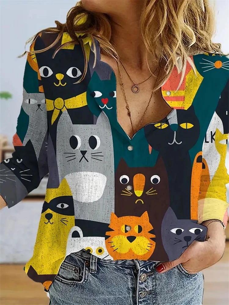 Женская рубашка с принтом забавного кота Весенняя отворотом и пуговицами