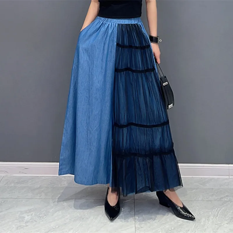 

Mesh Spliced Wide Leg Pants Summer Thin Denim Pants Women Casual Jeans Ankle Length Pants Pantalones anchos de verano para mujer