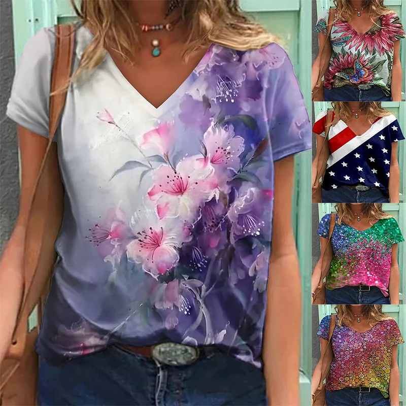 

2022 летние элегантные женские футболки с принтом Abstratc, Женский пуловер с рисунком и V-образным вырезом, Повседневная Уличная одежда с трехмер...