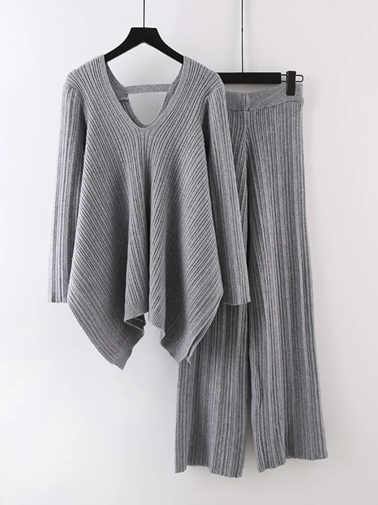 Autumn Fashion Pleated Knitted Irregular V-neck Top Wide Leg Pants Sweater Two Piece Set Women Fashion