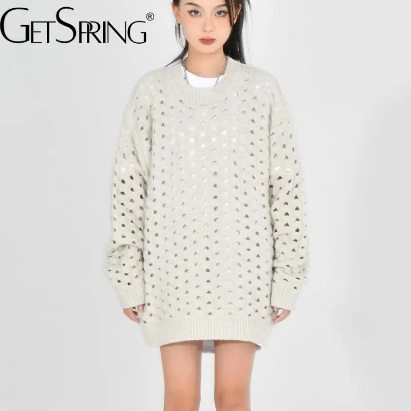 

Getspring Women Sweater Hollow Out Long Pullover Sweaters Irregular Loose Leisure Knitting Tops Black Red 2022 New Fashion