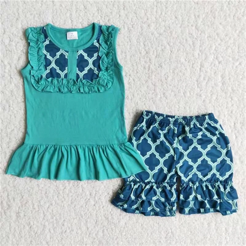 

fashion children clothing summer girl clothing set sleeveless blue tank top and ruffle shorts kids 2 pcs clothing set