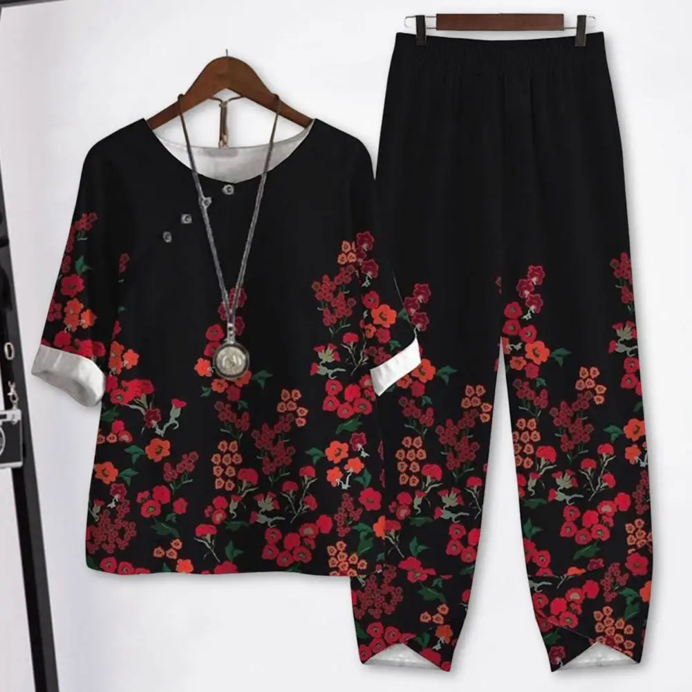 

2Pcs/Set Chic Casual Outfit Soft Loose Outfit Half Sleeve Summer Colorful Floral Print Top Pants Set Dressing Up
