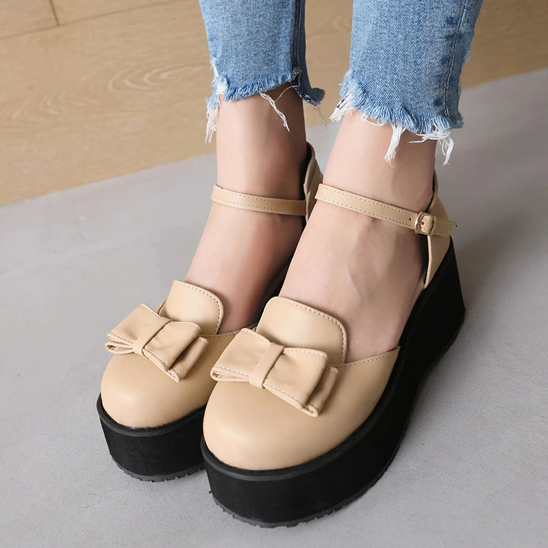 

Lolita Style Vamp Bow Wedge Hollow Breathable Sandals Ultra-High Waterproof Platform Toe Sandals Cute Retro Student Shoes