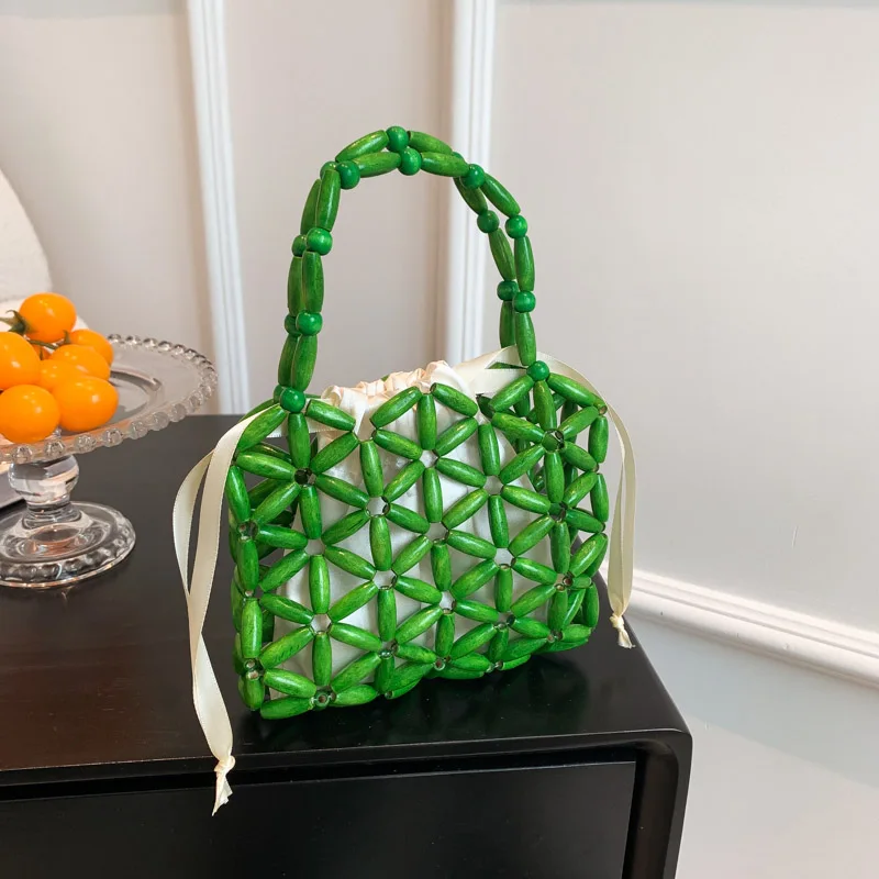 

Fashion Wooden Beading Women Handbags Hollow Handmade Woven Small Tote Bag Vintage Summer Clutch Bags Creative Female Purses