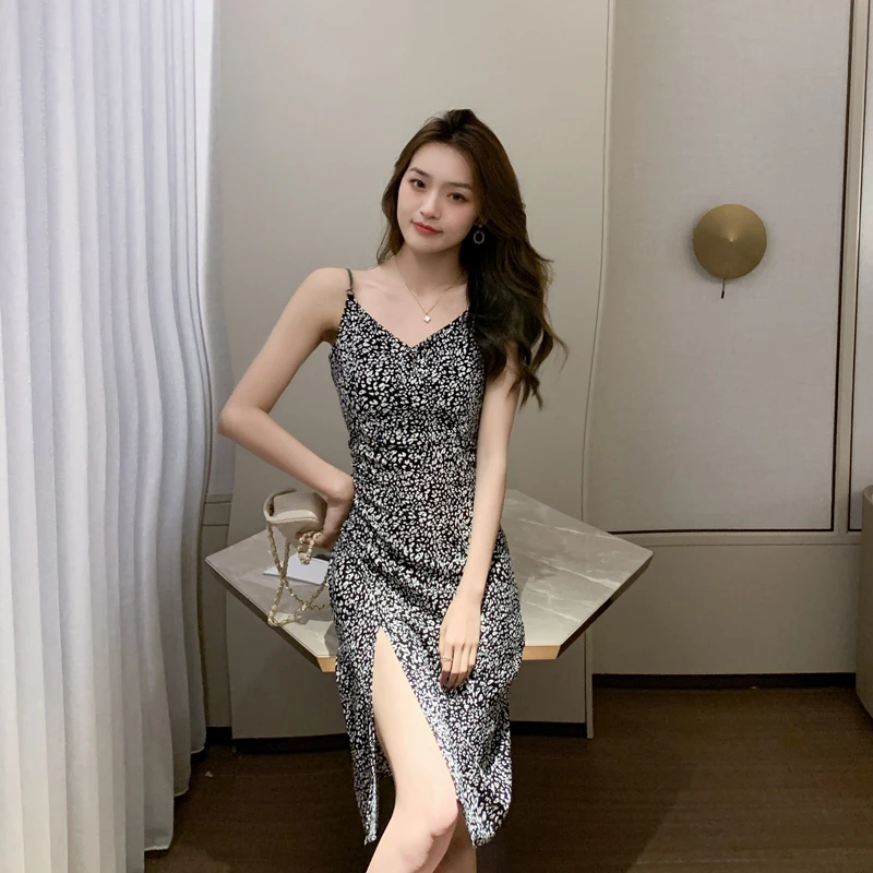 

2022 New Vintage Leopard Long Loose V-neck Slim Strap Dress Women Free Shipping