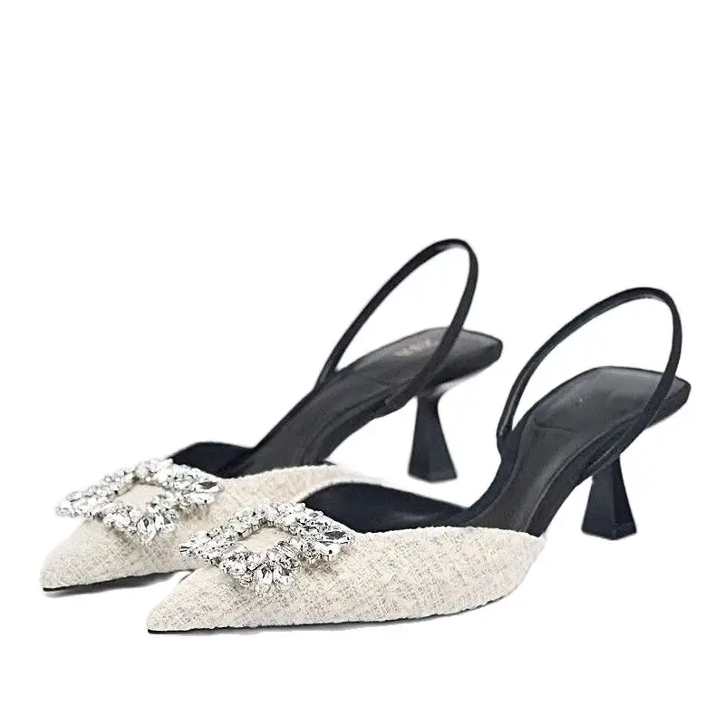 

Новинка 2023, женская обувь, инкрустированные яркими украшениями, сандалии на высоком каблуке-шпильке с острым носком