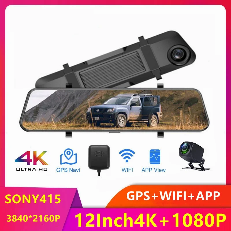 

4K 2160P12Inch WIFI Sony IMX415 Car DVR Video Recorder Dash Cam Rearview Mirror GPS Track Auto Registrar Night Vision 24H Park