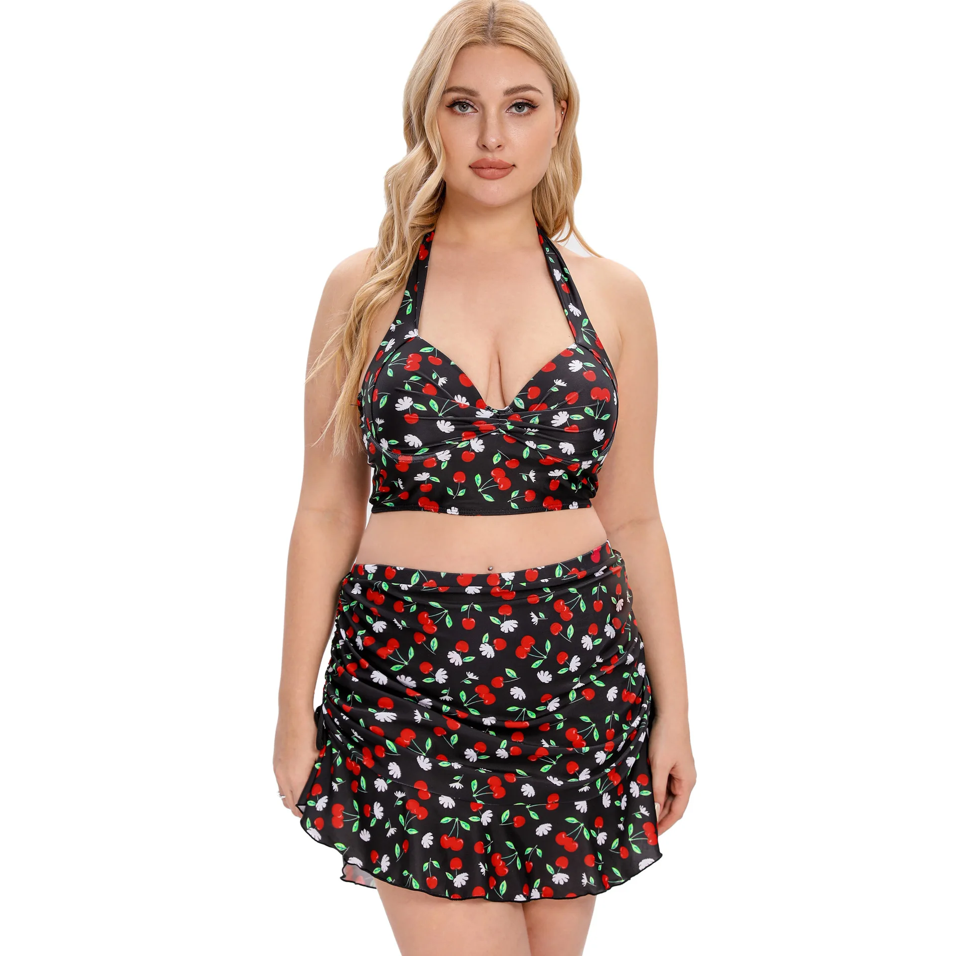 

Fruit Cherries Print Women Swimming Suit Bandage Halter Bikini Push Up Tops Short Swim Skirts Plus Size XL-5XL Beachwear Biquini