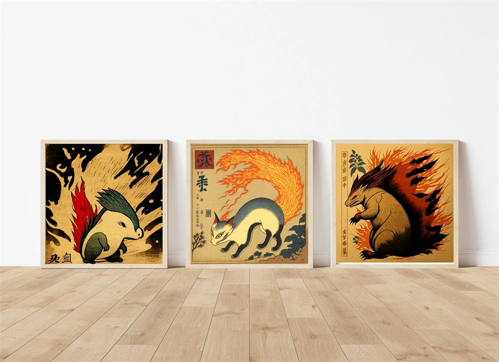 

Japanese Anime Peripheral Pokemon Poster Cyndaquil Quilava Typhlosion Wall Art Vintage Ukiyo-e Style Canvas Painting Room Decor