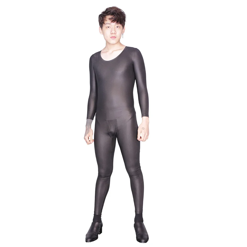 

Men Sexy Round Neck Corset Full Piece Leotard High Elastic Faux Leather Bodysuit Long Sleeved Black Stylish