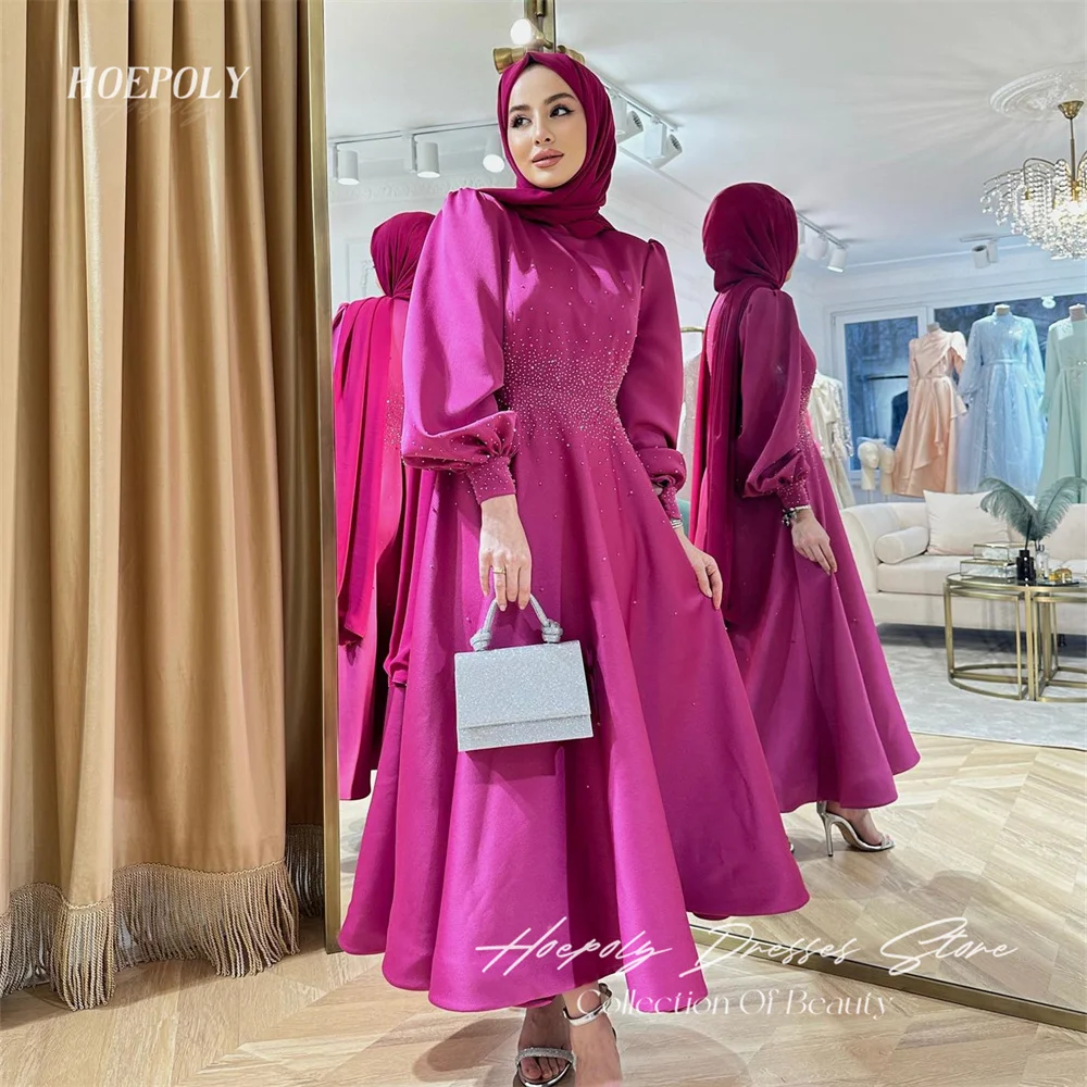 

Hoepoly Pink A-Line High Neck Muslim Arabic Prom Dresess Ankle Length With Puff Sleeves Sequins Women Evening Dress 2023