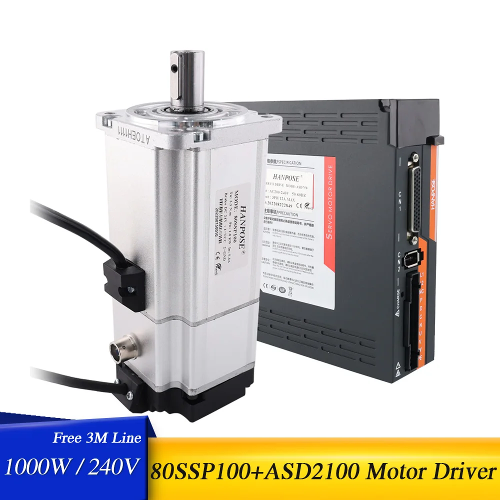 

1000W Servo Motor With Brake 5.4A 3.3N.m 80SSP100 And AC200-240V ASD2100 Servo Drive 3000rmp CNC Milling Machine Servo Motor Kit