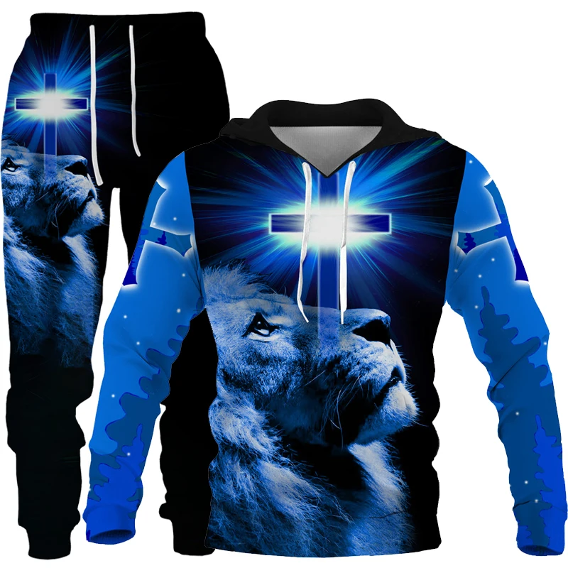 

Men/Women Religious Streetwear Tracksuit Set Christian Bible Faith Jesus God Retro Art 3D Lion Printed Hoodie + Pants Sport Suit