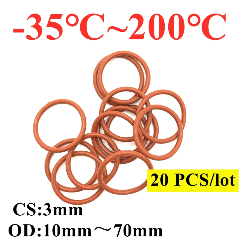 

20 шт. красное Силиконовое уплотнительное кольцо VMQ CS 3 мм OD 10 ~ 70 мм пищевая Водонепроницаемая шайба резиновая Изолированная круглая форма уп...