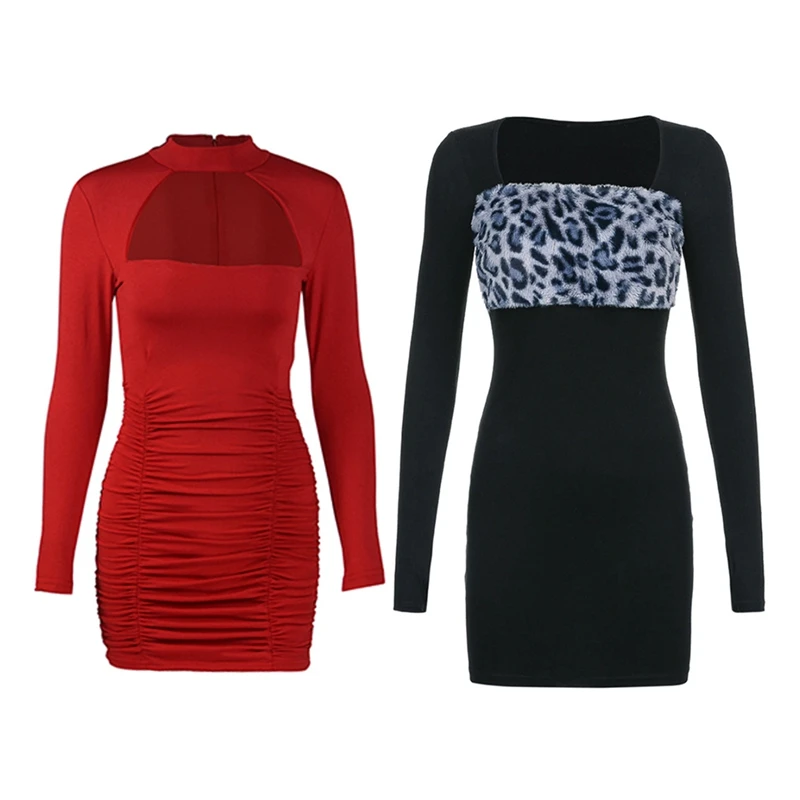 

Hot Kf-Women's Fashion Leopard Print Fur Stitching Dress Black M With Solid Color Sexy Hollow Slim Fold Bag Hip Dress Red M