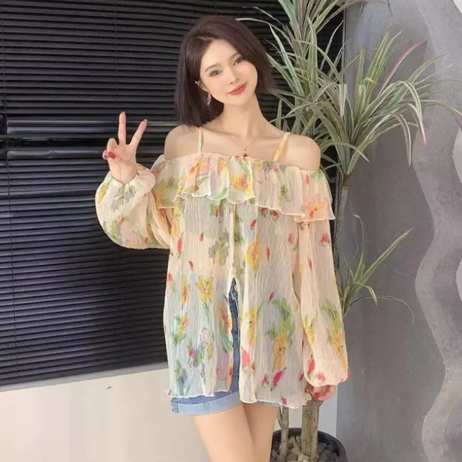 

Summer New Girlish Off Shoulder Chiffon Lotus Leaf Collar Tops Long Sleeves Sweet Floral Printed Loose Lightweight Chic Clothing
