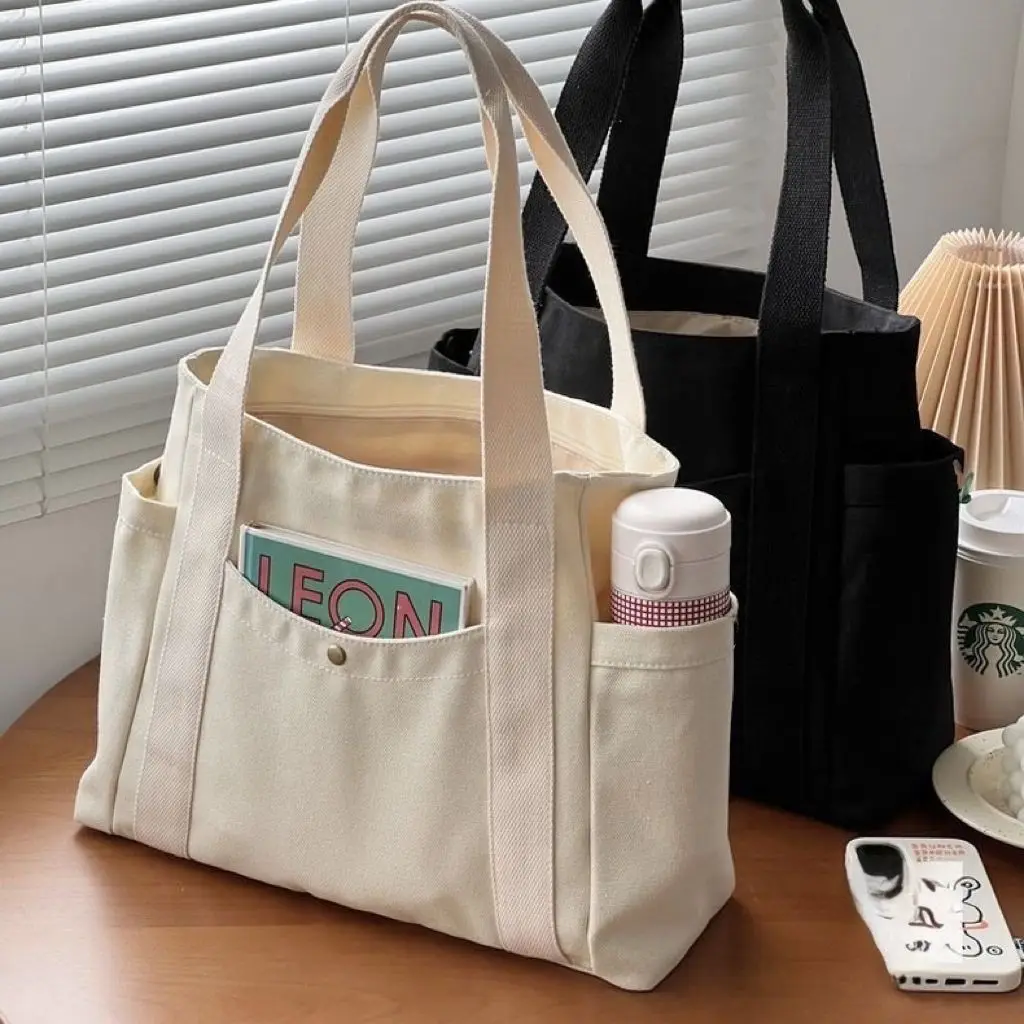 

Вместительная Холщовая Сумка-тоут, повседневная однотонная женская Студенческая сумка-мешок с несколькими карманами для книг и покупок на подмышках