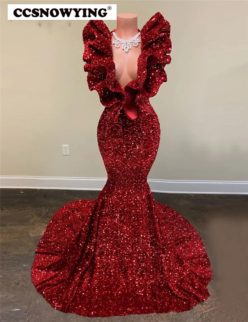 

Sexy Red Sequin Mermaid Prom Dress Deep V Neck Formal Evening Party Gowns Sleeveless Robe De Soiree