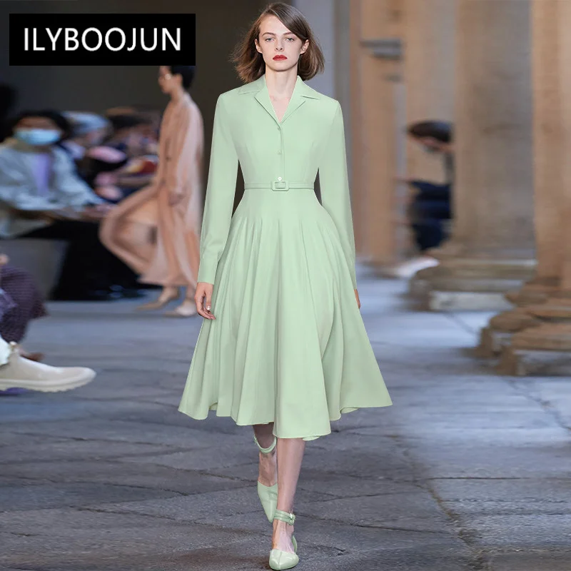 

Модное дизайнерское платье, Осеннее женское платье, однобортные однотонные платья с длинным рукавом и поясом