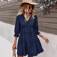 solid casual holiday mini dress for women v neck butterfly sleeve patchwork ruffles dresses female 2022 clothing fashion